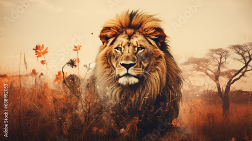 Lion in the African savanna, in the nature