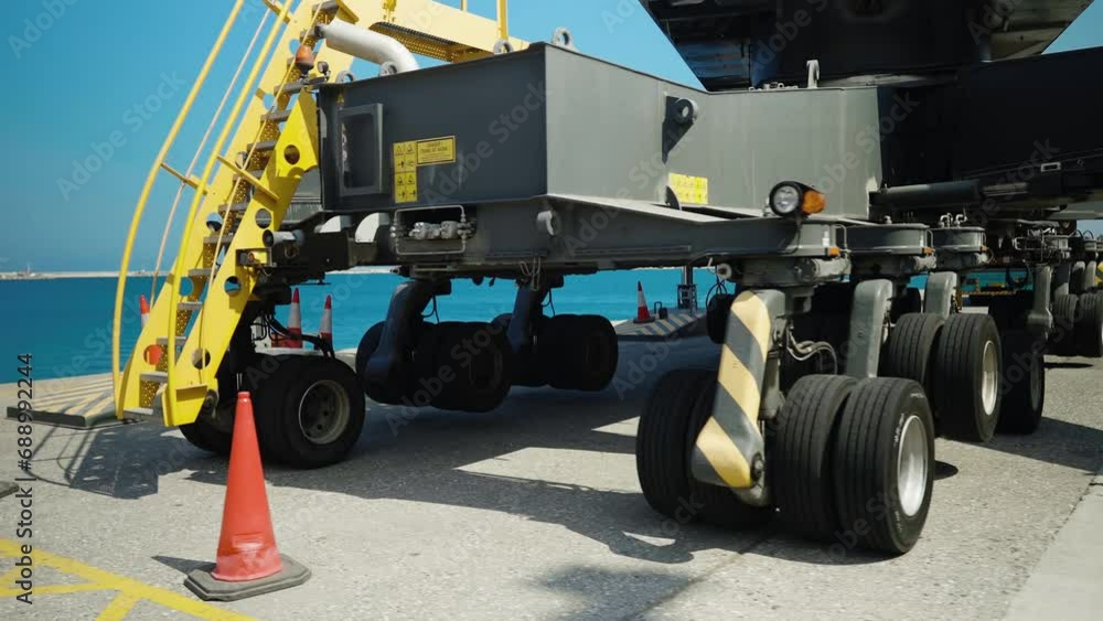 Explore the sturdy base of a massive marine crane at a bustling sea port, complete with a yellow ladder for ascending to its towering heights Explore the sturdy base of a massive marine crane at a bustling sea port, complete with a yellow ladder for ascending to its towering heights