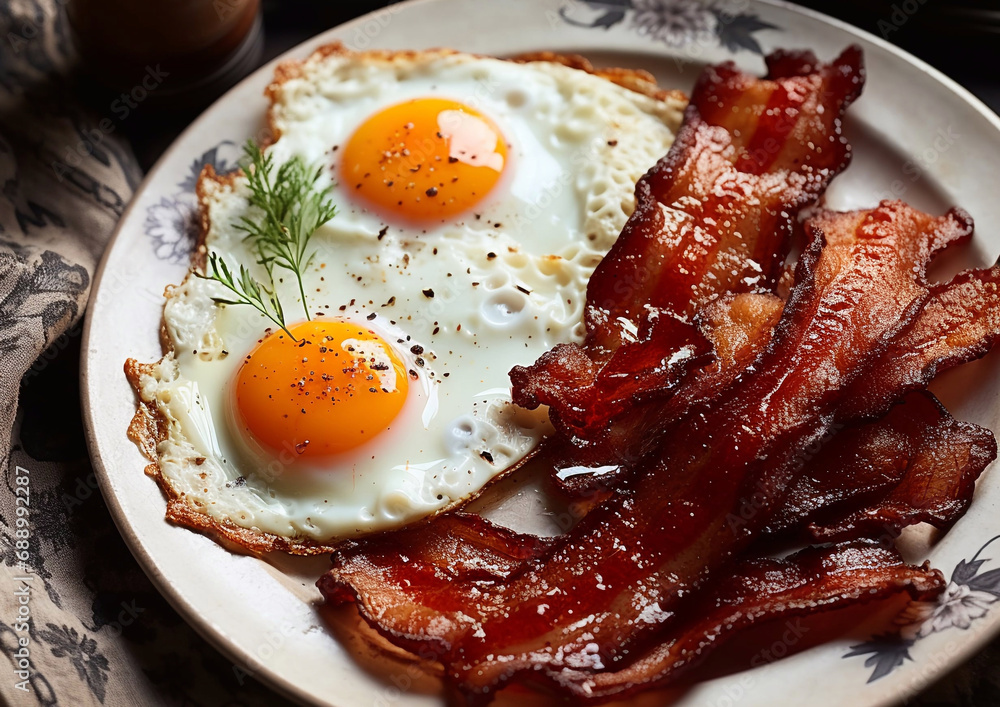 Breakfast plate with crispy fried bacon and eggs with parsley on table.Macro.AI Generative. Breakfast plate with crispy fried bacon and eggs with parsley on table.Macro.AI Generative.
