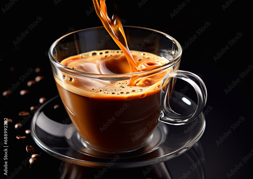 Pouring hot espresso coffee to glass cup on black background.Macro.AI Generative. Pouring hot espresso coffee to glass cup on black background.Macro.AI Generative.