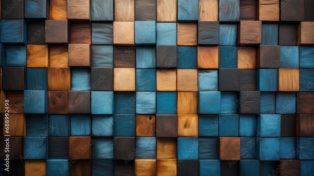 Abstract three dimensional brown and blue wooden cubes facing texture background. - obrazy, fototapety, plakaty 
