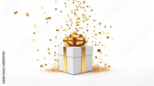 free photos white gift box decoration Happy New Year and Merry Christmas. with gold ribbon and gold sequin confetti on white background. Used for templates or backgrounds, banners. © @desy
