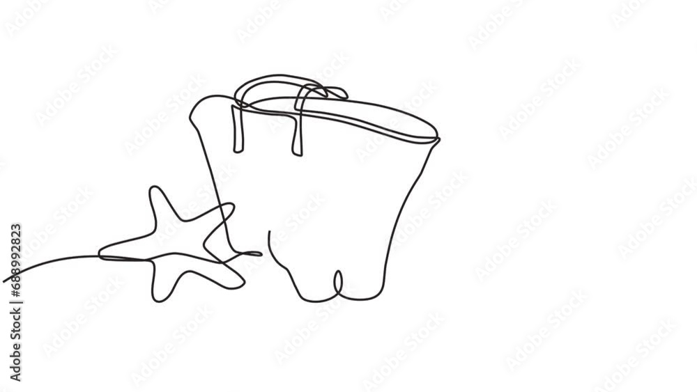 Continuous line video of summer concept, sandy beach, straw hat, starfish, bag, sunglasses and flip flops. concept for summer beach holiday in moving line animation video style. 4k videos Continuous line video of summer concept, sandy beach, straw hat, starfish, bag, sunglasses and flip flops. concept for summer beach holiday in moving line animation video style. 4k videos