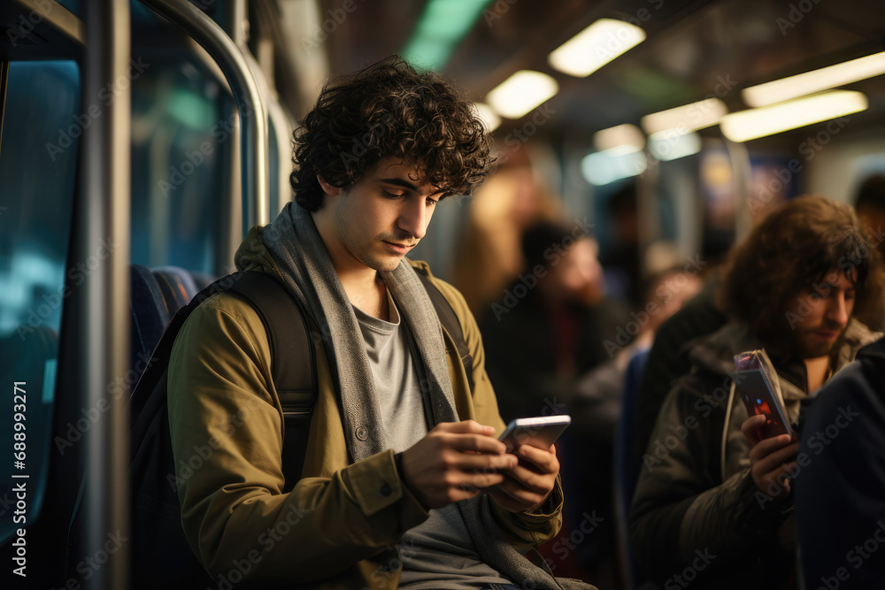 man, reading something in his smart phone, sitting in a crowded bus man, reading something in his smart phone, sitting in a crowded bus