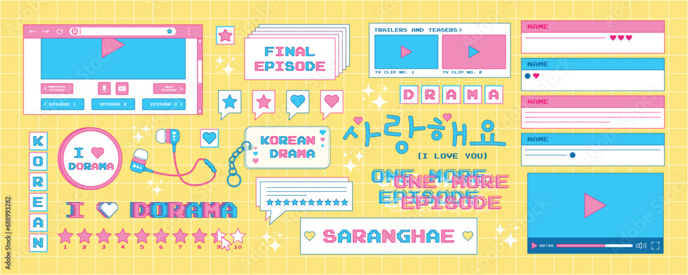 Large set of Korean drama stickers in trendy y2k style. Old computer aesthetics from the 90s, 00s. Retro PC elements, user interface. Vector illustration - obrazy, fototapety, plakaty 
