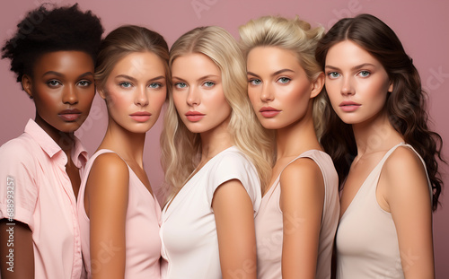 Diverse women with different skin tones stand together, showcasing beauty and unity, isolated on pink background for skin care background. photo