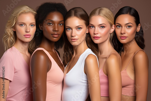 Diverse women with different skin tones stand together, showcasing beauty and unity, isolated on pink background for skin care background.
