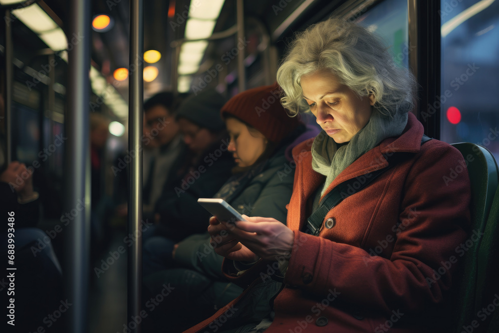 old woman, reading something in his smart phone, sitting in a crowded bus