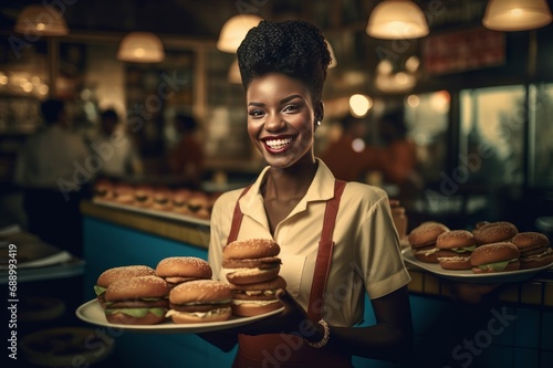 African waitress holding burgers. Smiling cheerful woman working in staff restaurant service. Generate ai photo