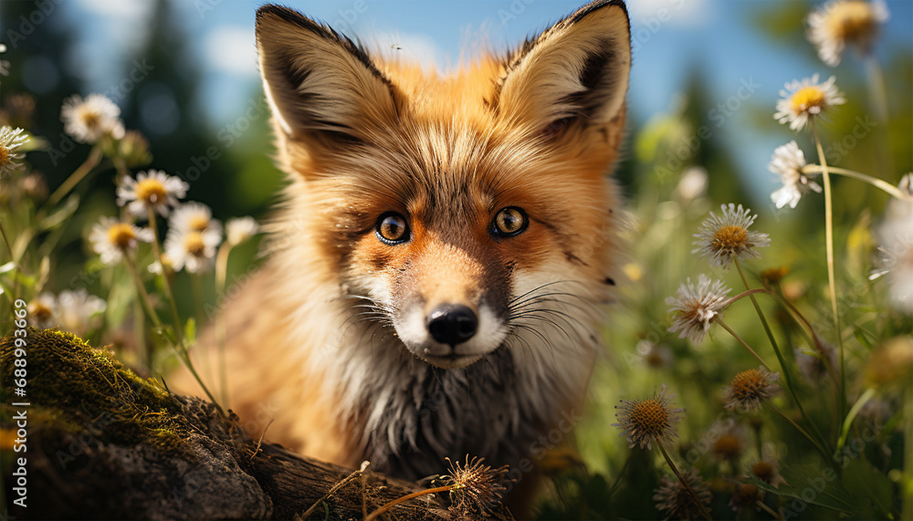 Fototapeta premium Portrait Red fox looking in the camera Vulpes vulpes lies in summer landscape flowered meadow. Orange fur coat animal hunting in spring rain. Fox in nature ferrets about prey. Wildlife scene. 