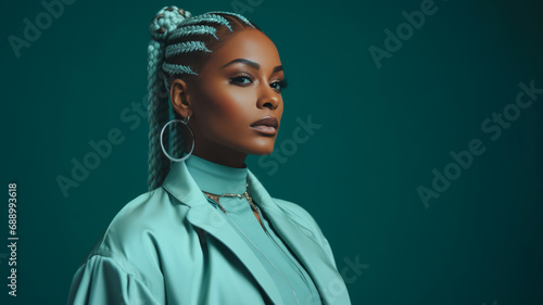 Young Black woman stands committed with lengthy turquoise braids
