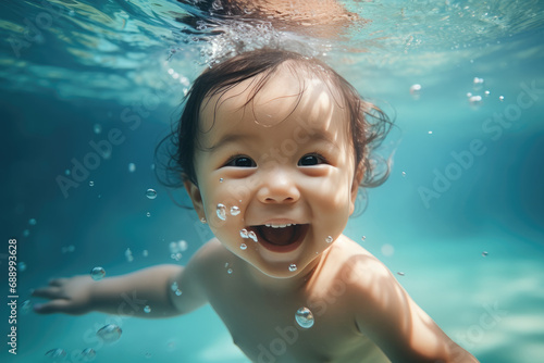 A  baby underwater in a pool © wai