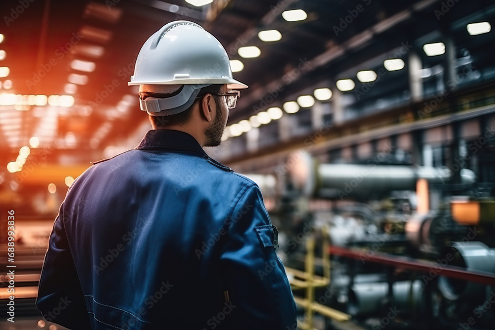 Rear view of Caucasian male engineer wearing safety vest and hardhat standing in warehouse. This is a freight transportation and distribution warehouse. Industrial and industrial workers concept Rear view of Caucasian male engineer wearing safety vest and hardhat standing in warehouse. This is a freight transportation and distribution warehouse. Industrial and industrial workers concept
