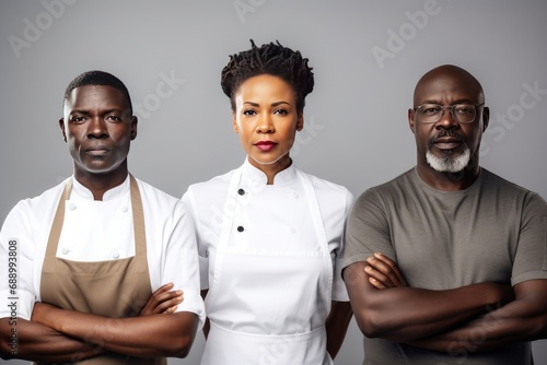 African restaurant standing workers team. Kitchen chef with waiter and pub manager personnel. Generate ai