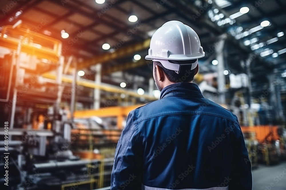 Rear view of Caucasian male engineer wearing safety vest and hardhat standing in warehouse. This is a freight transportation and distribution warehouse. Industrial and industrial workers concept Rear view of Caucasian male engineer wearing safety vest and hardhat standing in warehouse. This is a freight transportation and distribution warehouse. Industrial and industrial workers concept