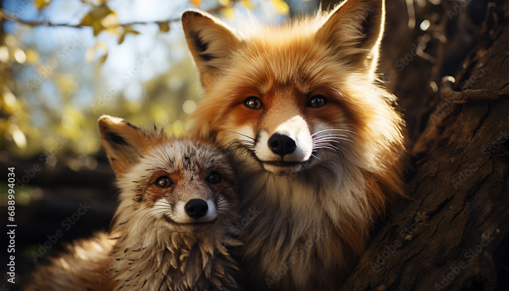 Obraz premium Portrait Red fox looking in the camera Vulpes vulpes lies in summer landscape flowered meadow. Orange fur coat animal hunting in spring rain. Fox in nature ferrets about prey. Wildlife scene. 