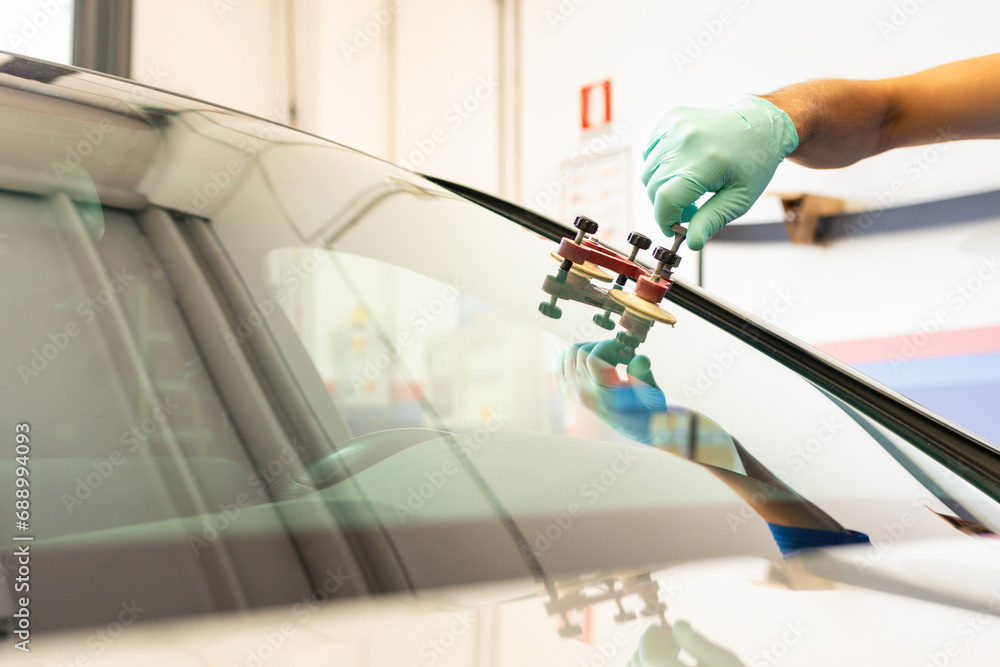 Mechanic with green gloves, in a garage replaces the broken windshield of a car with the help of tools.