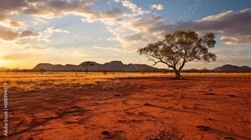 beauty of the Australian Outback. Weather conditions are dry, causing the landscape to take on a deep, sun-baked hue, the long shadows creating stark contrasts.