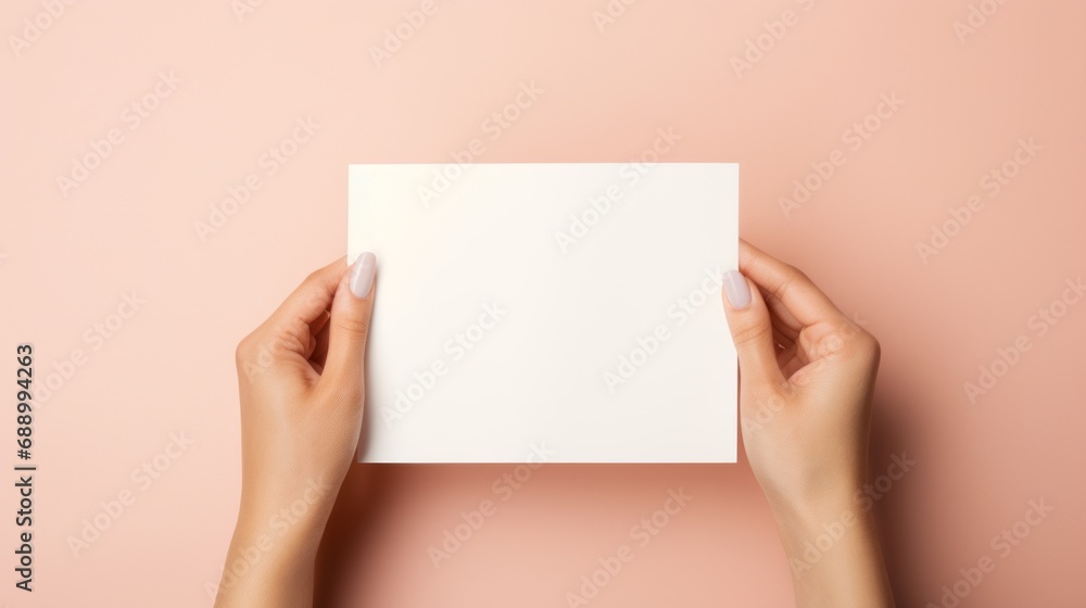 Obraz premium Blank white square greeting card opened by female hand with manicured nails. Mockup. Top view. Stylish and blurry background. For the text entry area