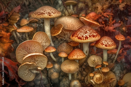 Autumn diverse surreal fungi. Fantasy orange small mushrooms in wild environment. Generate ai