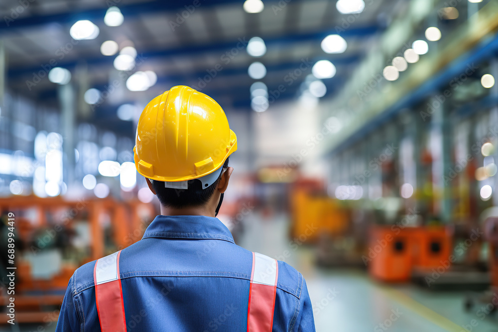Rear view of Caucasian male engineer wearing safety vest and hardhat standing in warehouse. This is a freight transportation and distribution warehouse. Industrial and industrial workers concept Rear view of Caucasian male engineer wearing safety vest and hardhat standing in warehouse. This is a freight transportation and distribution warehouse. Industrial and industrial workers concept