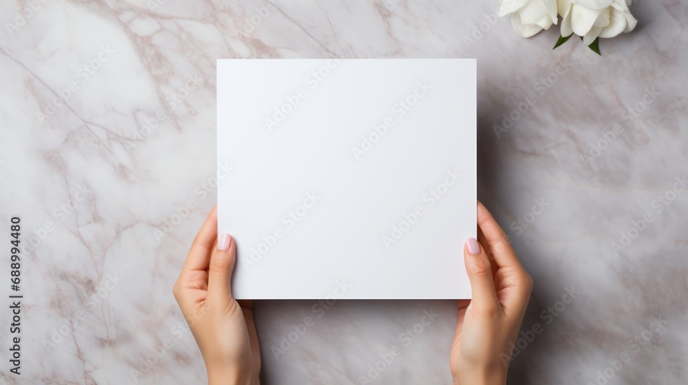 Blank white square greeting card opened by female hand with manicured nails. Mockup. Top view. Stylish and blurry background. For the text entry area Blank white square greeting card opened by female hand with manicured nails. Mockup. Top view. Stylish and blurry background. For the text entry area