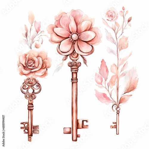 Watercolor vintage key with rose. Hand drawn illustration isolated on white background photo