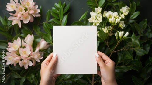 Blank white square greeting card opened by female hand with manicured nails. Mockup. Top view. Stylish and blurry background. For the text entry area