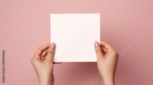 Blank white square greeting card opened by female hand with manicured nails. Mockup. Top view. Stylish and blurry background. For the text entry area photo