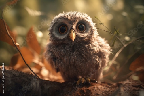 Cute little owl in woodland forest. Gazing fluffy bird wilderness beak creature. Generate ai