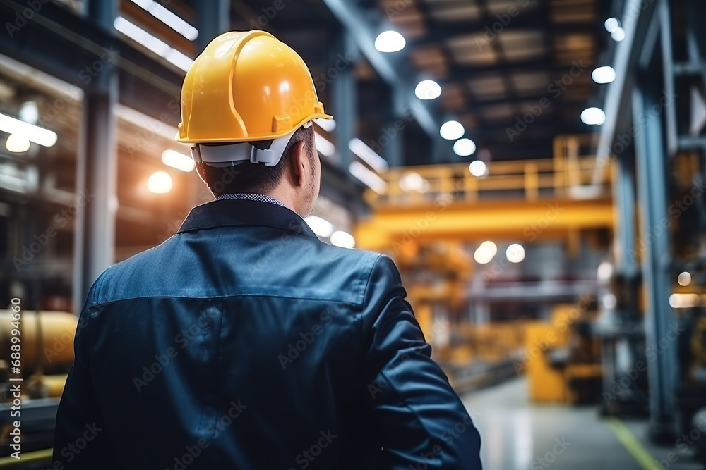 Rear view of Caucasian male engineer wearing safety vest and hardhat standing in warehouse. This is a freight transportation and distribution warehouse. Industrial and industrial workers concept Rear view of Caucasian male engineer wearing safety vest and hardhat standing in warehouse. This is a freight transportation and distribution warehouse. Industrial and industrial workers concept