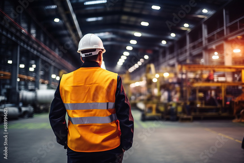 Rear view of Caucasian male engineer wearing safety vest and hardhat standing in warehouse. This is a freight transportation and distribution warehouse. Industrial and industrial workers concept