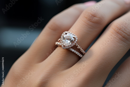 close up of womans hand with a rose gold engagement ring with a big heart shaped diamond  Valentines Day
