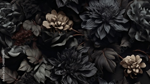 Vintage botanical flower seamless wallpaper, vintage pattern for floral print digital background, texture, black dark flowers	
