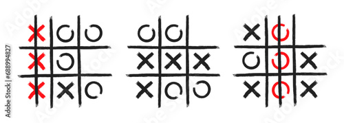 Tic tac toe xo game hand drawn grid doodle template vector illustration set isolated on white background