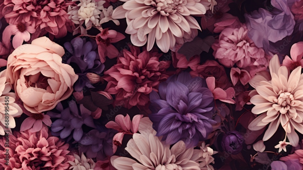 Vintage botanical flower seamless wallpaper, vintage pattern for floral print digital background, texture, purple flowers