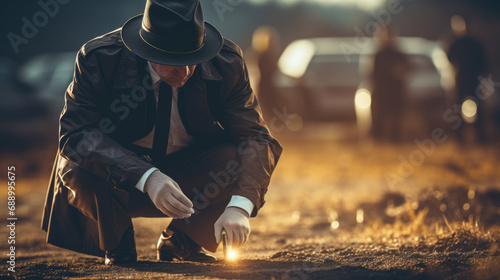 Detective in a hat and raincoat examines traces at a crime scene against a blurred background of police officers and police cars.