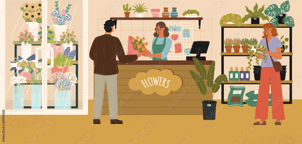 Flower shop scene with saleswoman and visitors Flower shop scene with saleswoman and visitors