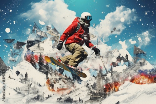 Snowboarding . Trendy vintage collage 