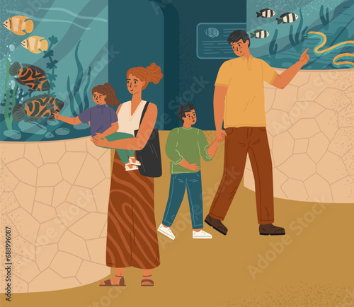 Happy family visiting oceanarium vector illustration scene
