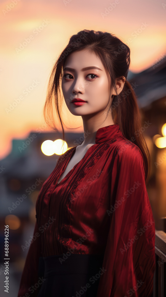 Young Asian woman with a city background and copyspace Young Asian woman with a city background and copyspace