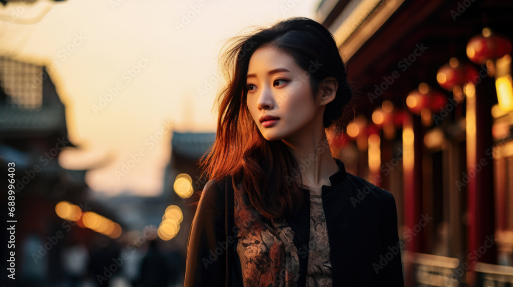 Young Asian woman with a city background and copyspace Young Asian woman with a city background and copyspace