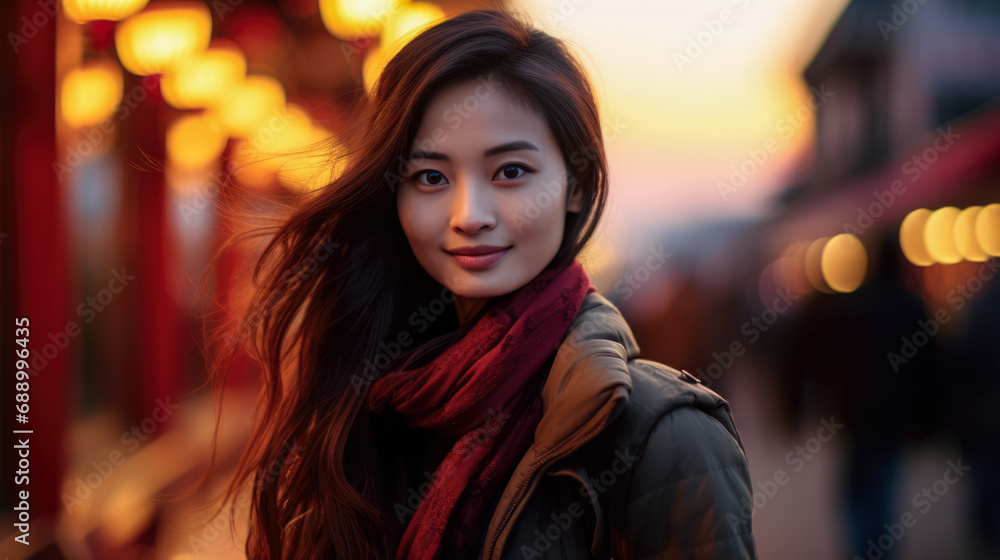Young Asian woman with a city background and copyspace