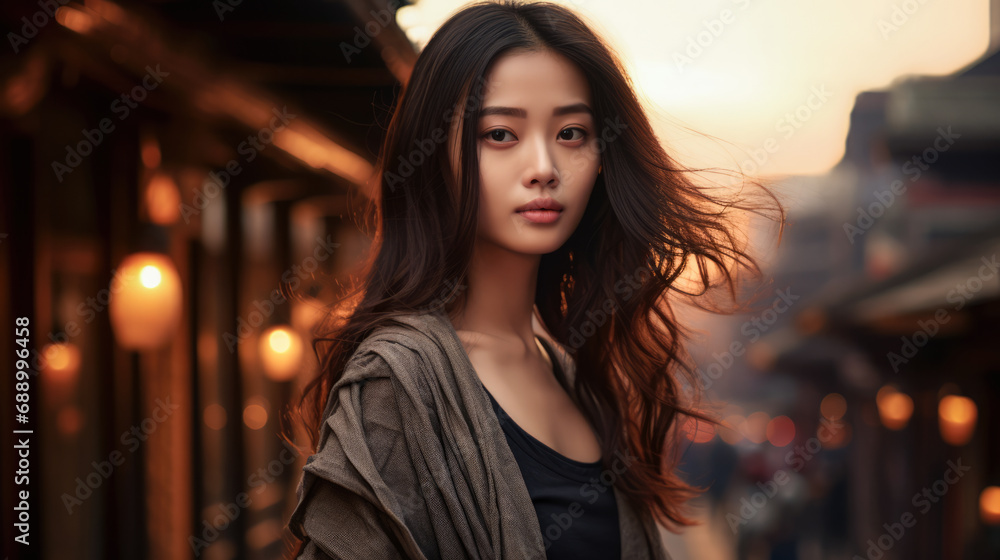 Obraz premium Young Asian woman with a city background and copyspace