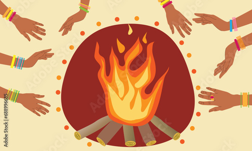 Happy Lohri celebration vector illustration flat cartoon style. Popular harvest India festival . Happy Lohri background with hands . Happy Lohri Festival fire and joy in warm color  photo