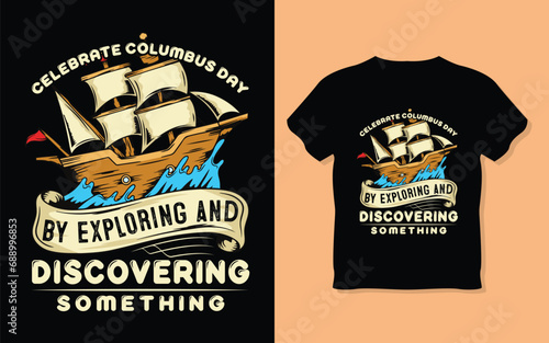 Vector happy columbus day greeting card 2022 with caravel silhouette vector background