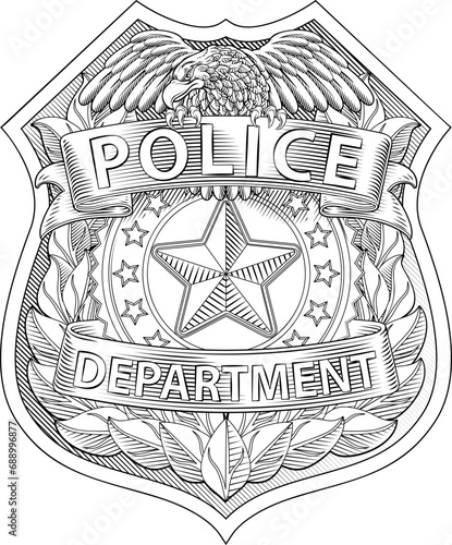 A police badge shield star sheriff cop crest emblem or symbol motif with eagle in a vintage woodcut style.