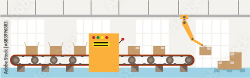 Factory Conveyor Belt with Robot Hand Packing Parcels.