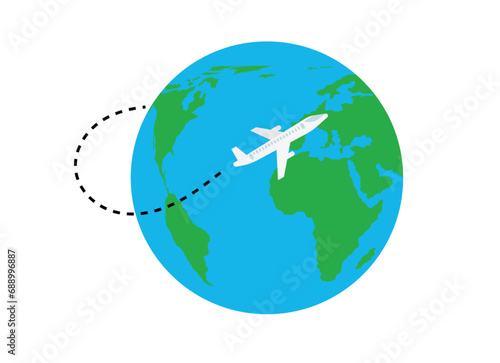 Airplane Flying Across the World. Traveling and leisure concept vector art