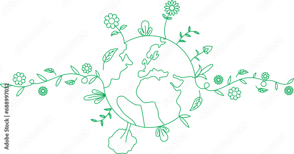 earth day simple line art vector illustration, green planet earth with ...